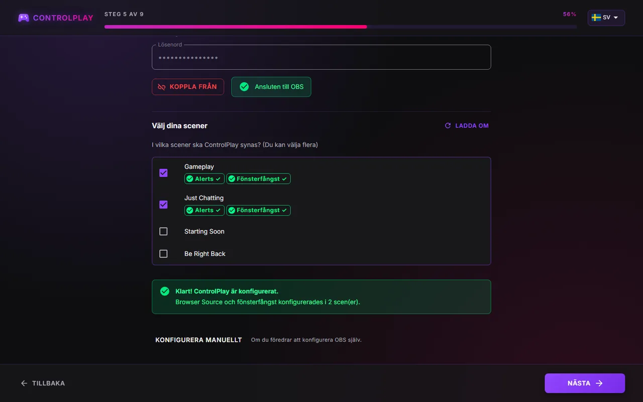 Installationsguidens sida Konfigurera OBS automatiskt med ikryssade scener, etiketterna Alerts ✓ och Fönsterfångst ✓ samt ett meddelande om att allt är klart