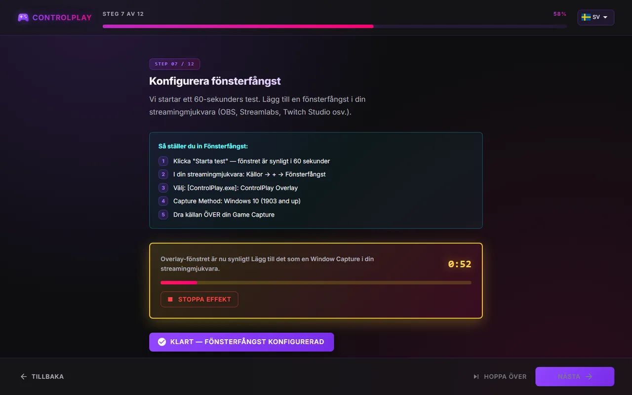 Installationsguidens sida Konfigurera fönsterfångst med nedräkningen på 60 sekunder igång