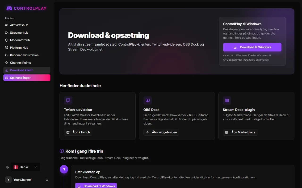 Siden Download & opsætning med kortet ControlPlay til Windows og fire opsætningstrin