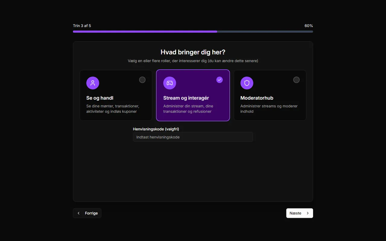 ControlPlay-onboarding med trinnet Hvad bringer dig her? og kortet Stream og interagér valgt