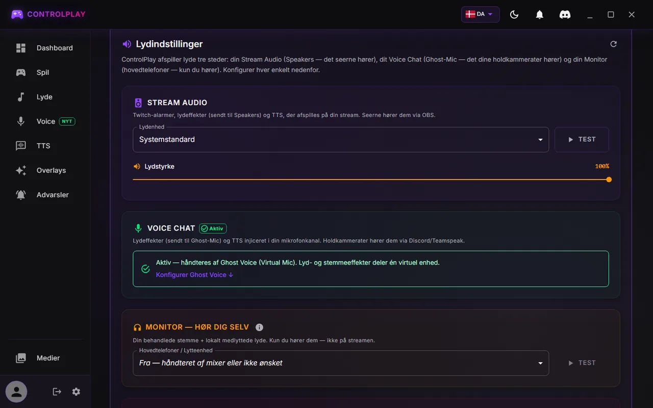 ControlPlay Indstillinger, fanen Audio: Stream Audio på Systemstandard, Voice Chat Aktiv, Monitor slået fra