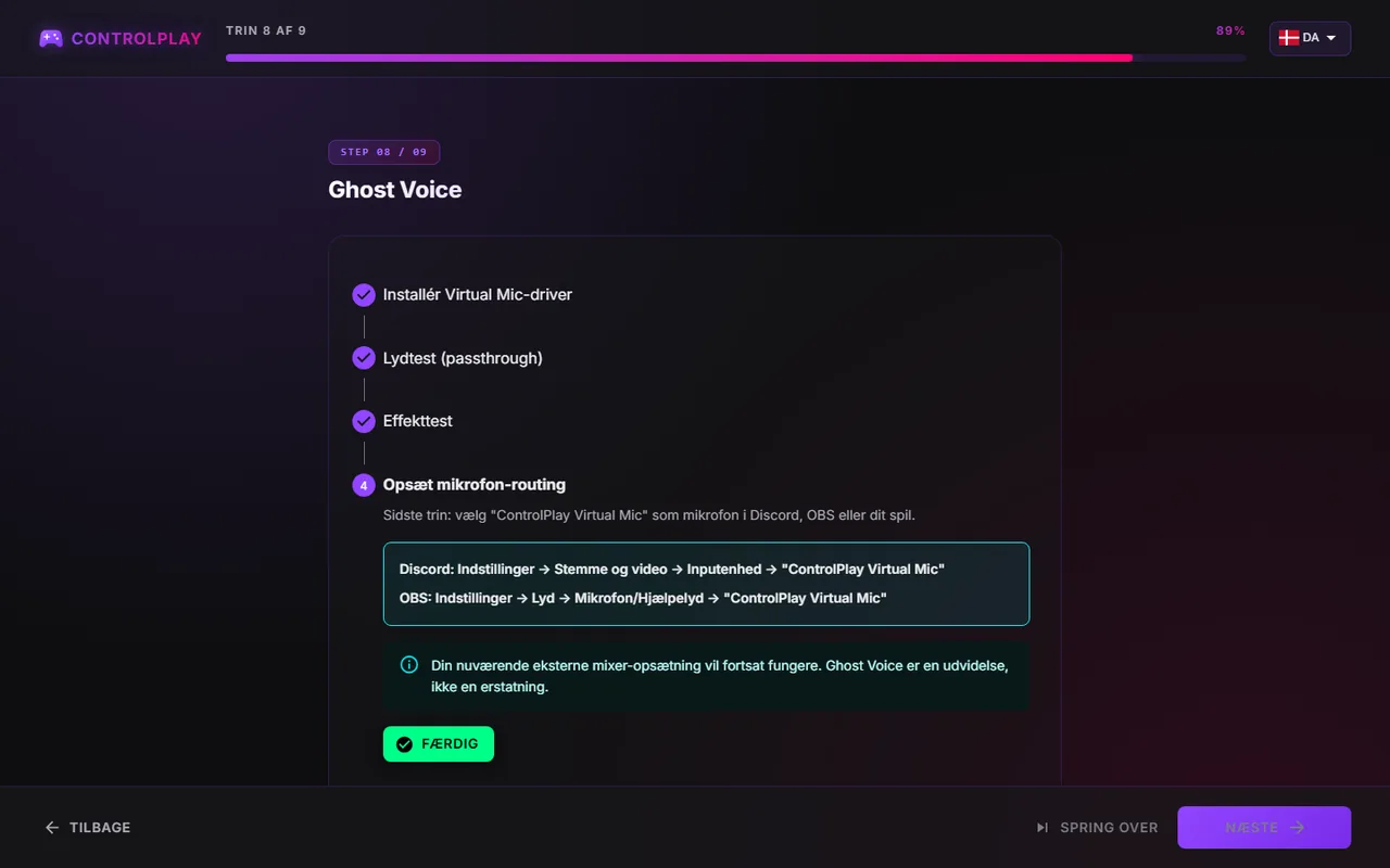 Ghost Voice-trinnet Opsæt mikrofon-routing med indstillingerne til Discord og OBS