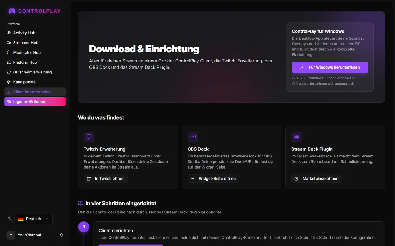 Seite „Download & Einrichtung“ mit der Karte „ControlPlay für Windows“ und den vier Schritten