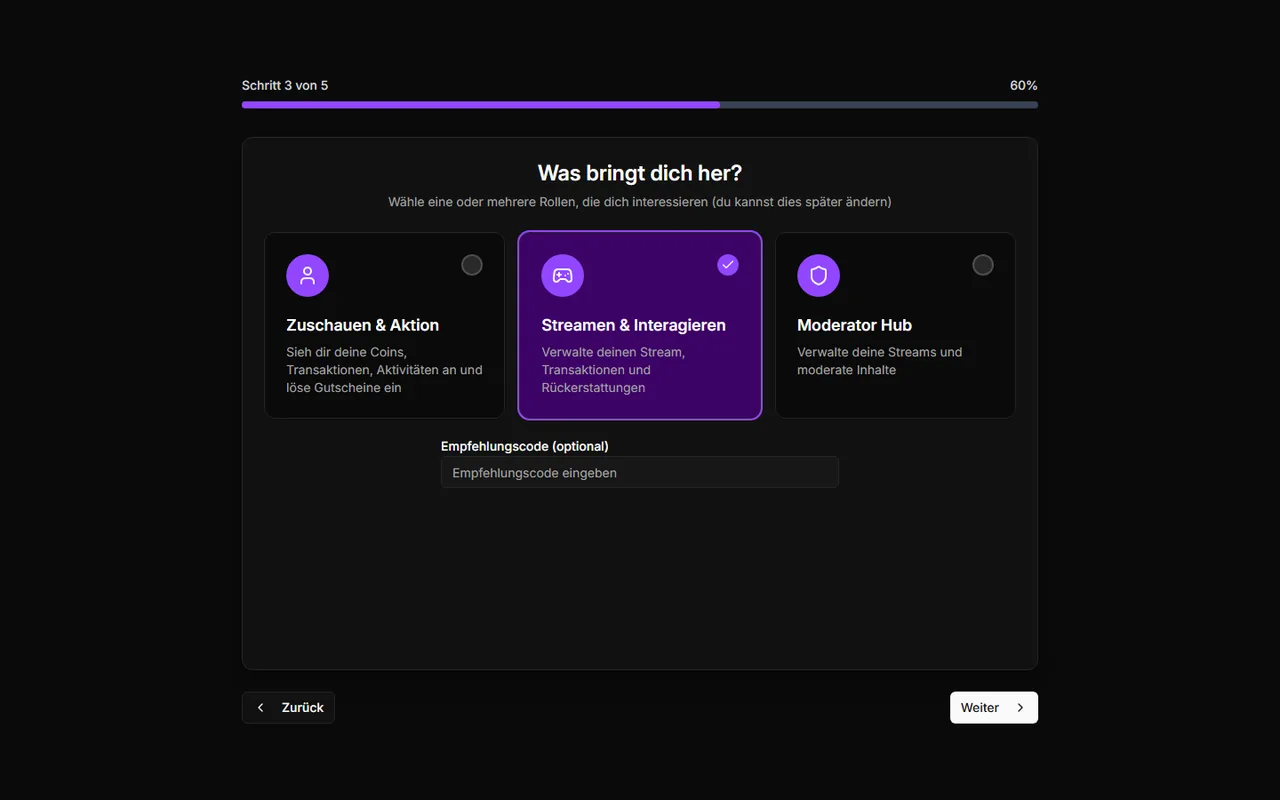 Onboarding-Schritt „Was bringt dich her?“ mit ausgewählter Karte „Streamen & Interagieren“