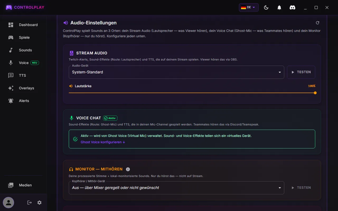 ControlPlay-Einstellungen, Tab Audio: Stream Audio auf System-Standard, Voice Chat aktiv, Monitor aus