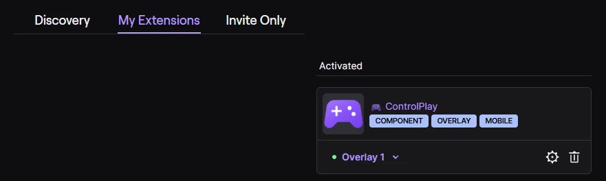 Twitch Creator Dashboard, Meine Erweiterungen, ControlPlay als Overlay 1 aktiviert