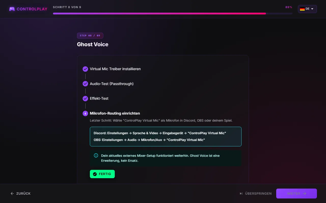 Ghost-Voice-Schritt „Mikrofon-Routing einrichten“ mit den Einstellungen für Discord und OBS