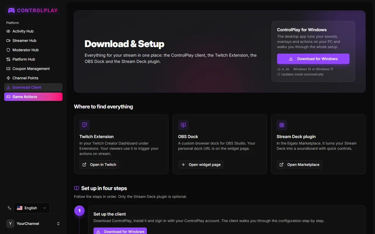 Download & Setup page with the ControlPlay for Windows card and four setup steps