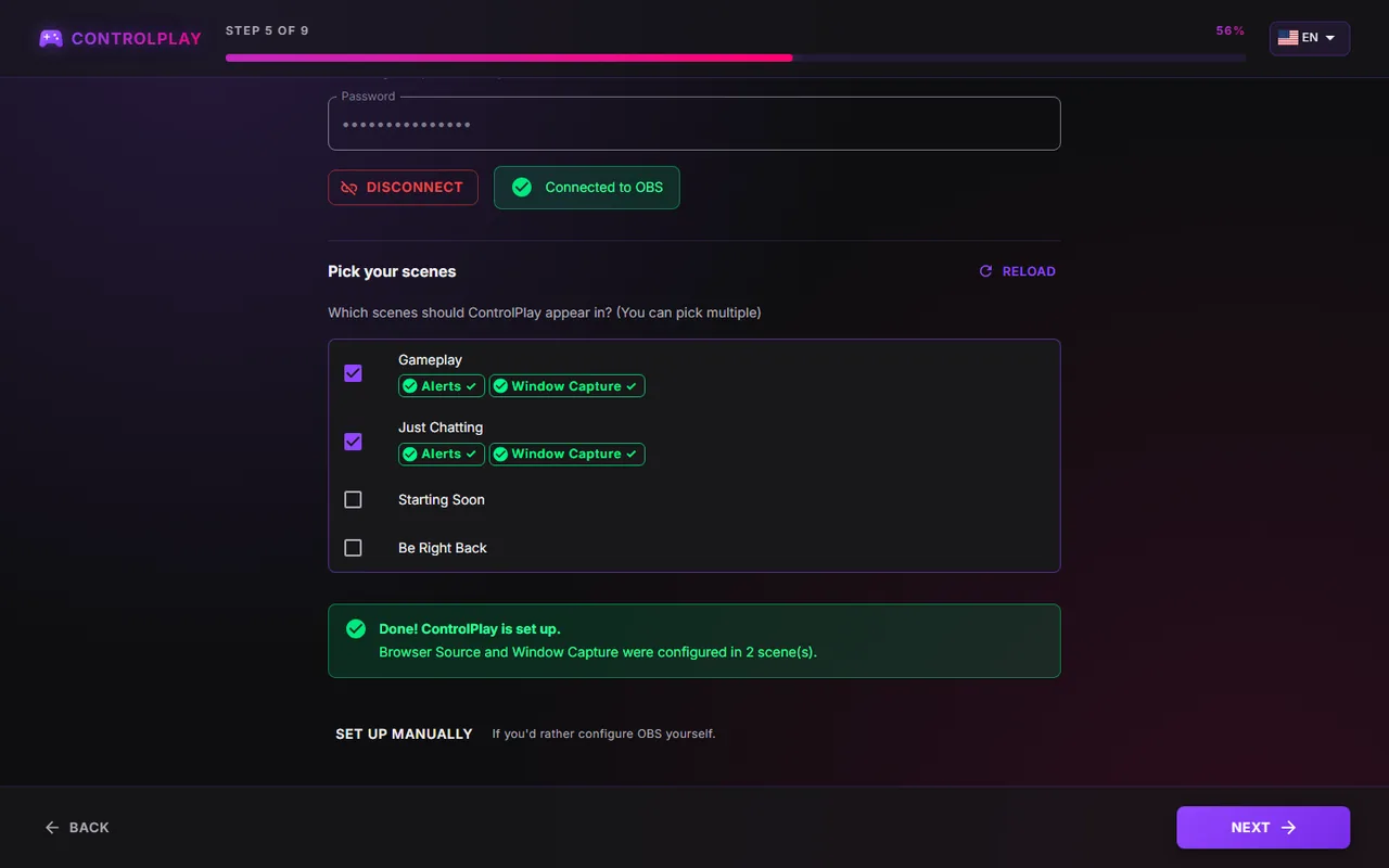 Setup wizard page Auto-configure OBS after connecting, with scenes ticked and a success message