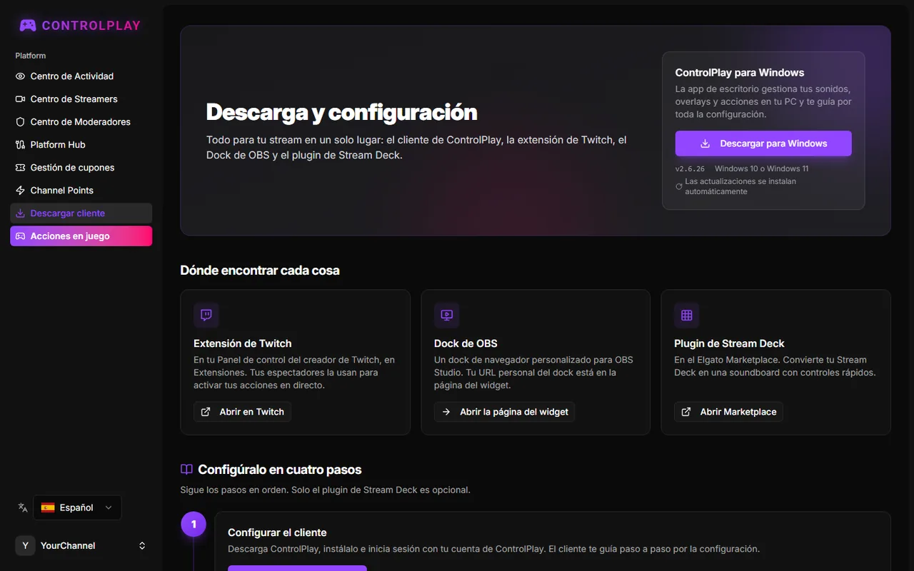 Página Descarga y configuración con la tarjeta de ControlPlay para Windows y los cuatro pasos de configuración