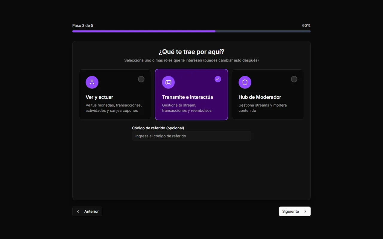 Paso de bienvenida de ControlPlay ¿Qué te trae por aquí? con la tarjeta Transmite e interactúa seleccionada