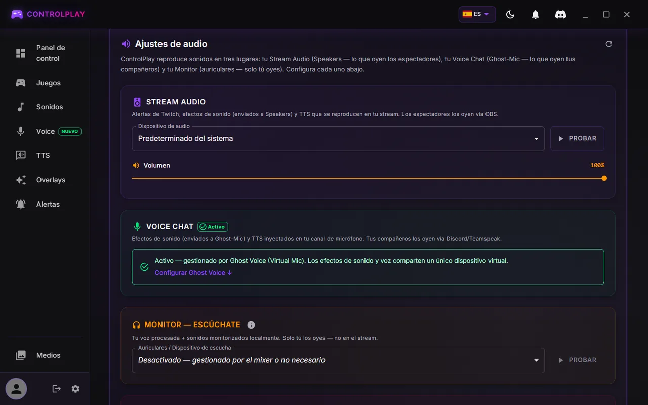 Configuración de ControlPlay, pestaña Audio: Stream Audio en Predeterminado del sistema, Voice Chat activo, Monitor desactivado
