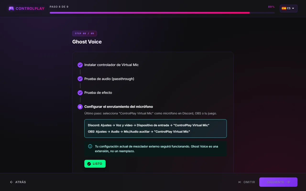Paso de Ghost Voice Configurar el enrutamiento del micrófono con los ajustes para Discord y OBS