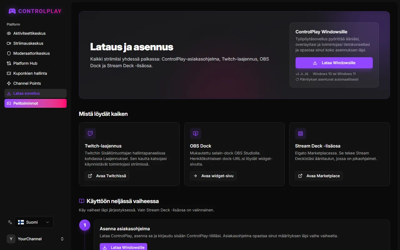 Lataus ja asennus -sivu, jolla on ControlPlay for Windows -kortti ja neljä asennusvaihetta
