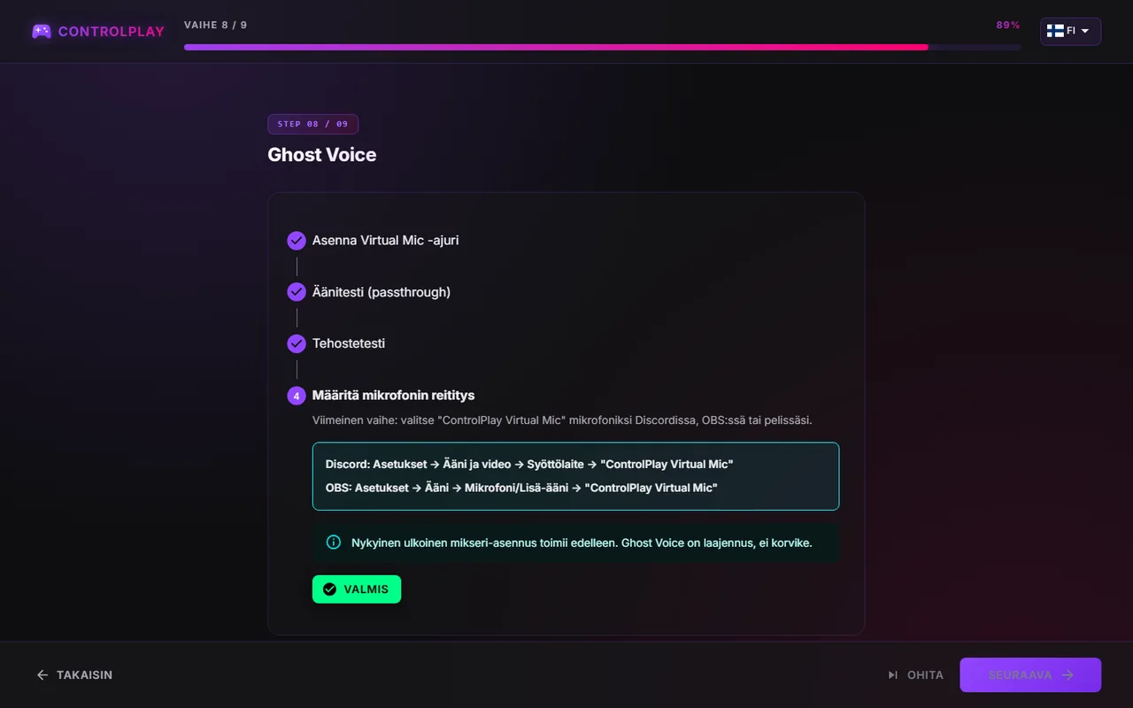 Ghost Voice -vaihe Määritä mikrofonin reititys, Discordin ja OBS:n asetukset näkyvissä