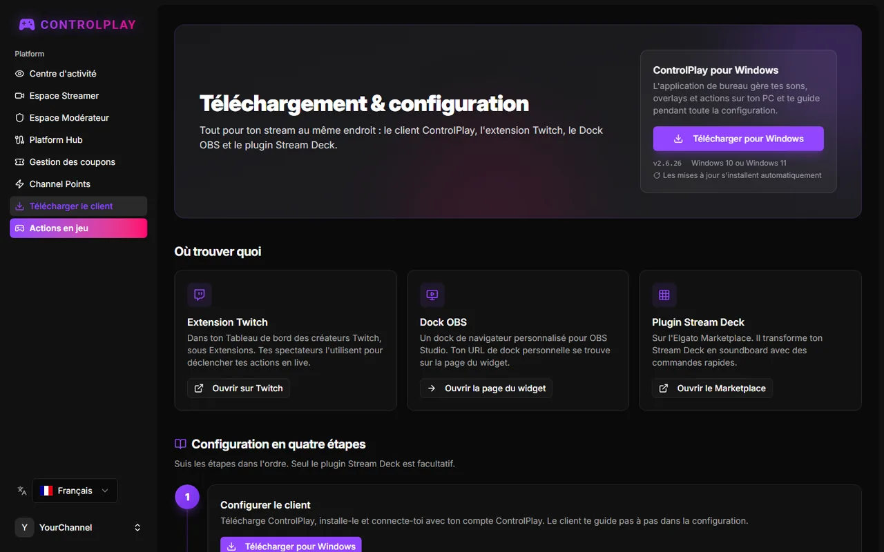 Page Téléchargement & configuration avec la carte ControlPlay pour Windows et quatre étapes de configuration