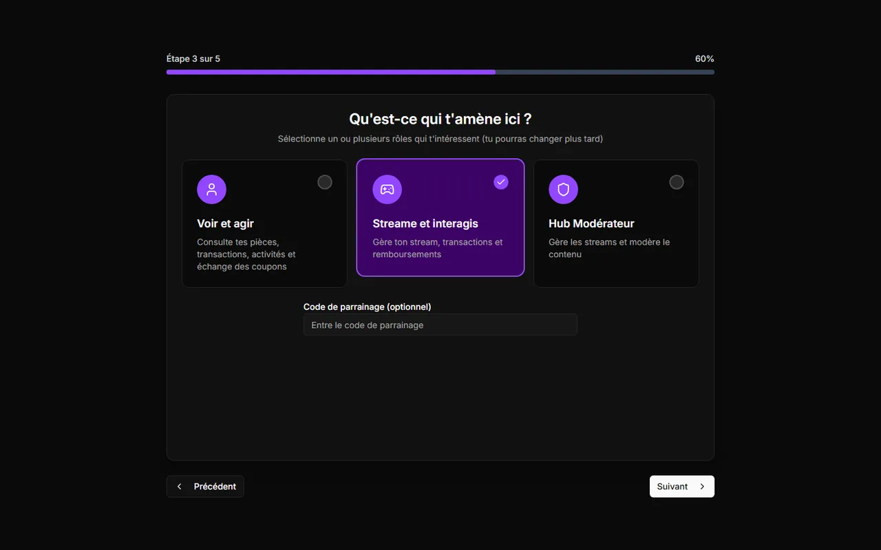 Étape d'onboarding ControlPlay Qu'est-ce qui t'amène ici ? avec la carte Streame et interagis sélectionnée