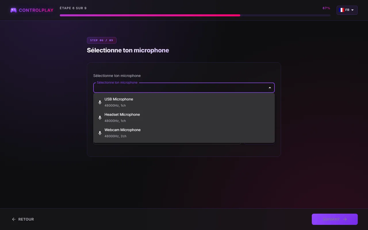 Page de l'assistant Sélectionne ton microphone avec la liste des appareils ouverte