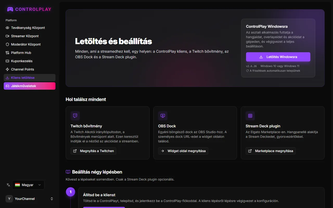 A Letöltés és beállítás oldal a ControlPlay for Windows kártyával és négy beállítási lépéssel
