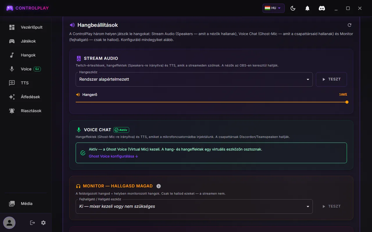 A ControlPlay Beállítások, Audio fül: Stream Audio Rendszer alapértelmezett értéken, Voice Chat Aktív, Monitor kikapcsolva