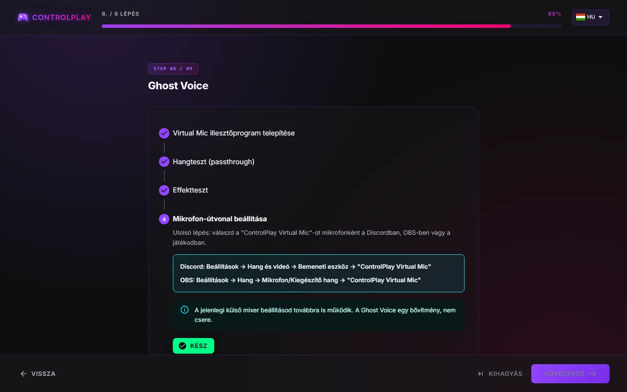 A Ghost Voice lépés, a mikrofon-útvonal beállítása a Discord és az OBS beállításaival