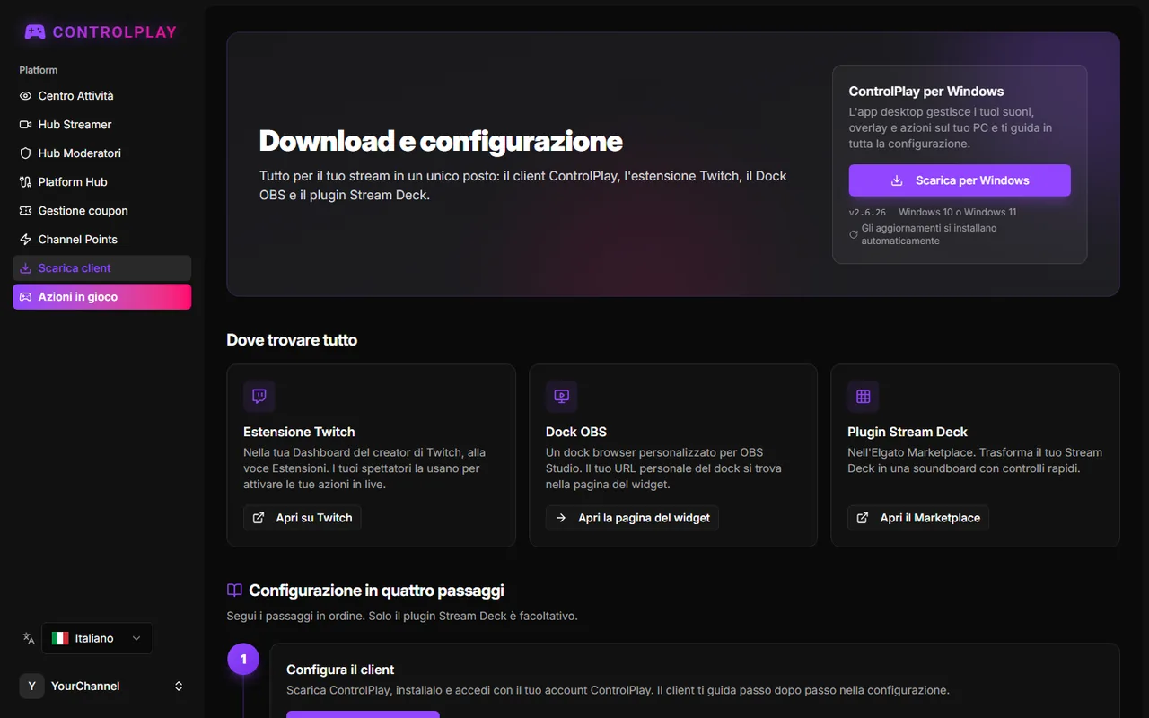 Pagina Download e configurazione con la scheda ControlPlay per Windows e i quattro passi di configurazione