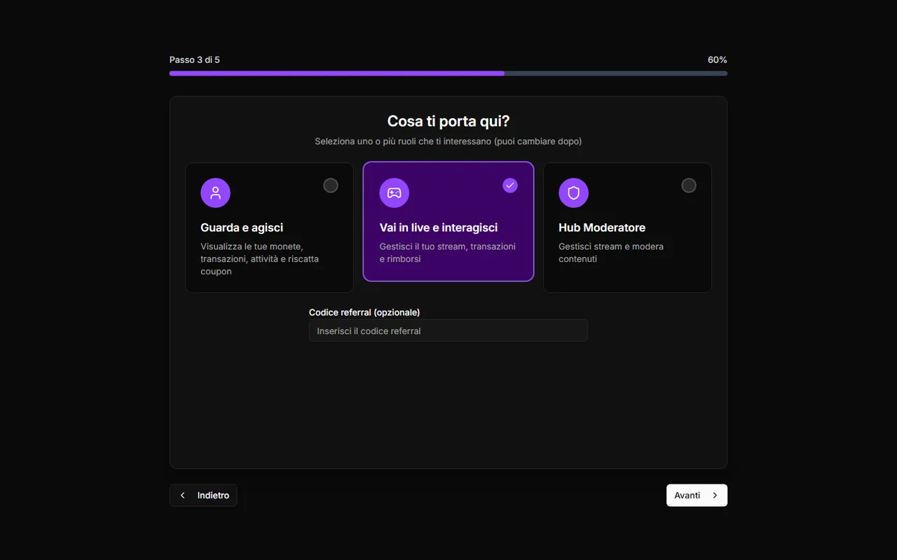 Passo di onboarding ControlPlay Cosa ti porta qui? con la scheda Vai in live e interagisci selezionata