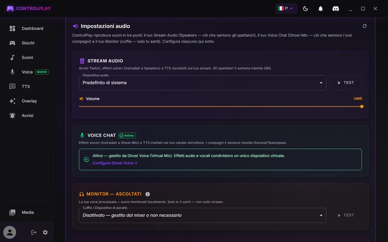 Impostazioni di ControlPlay, scheda Audio: Stream Audio su Predefinito di sistema, Voice Chat Attivo, Monitor spento