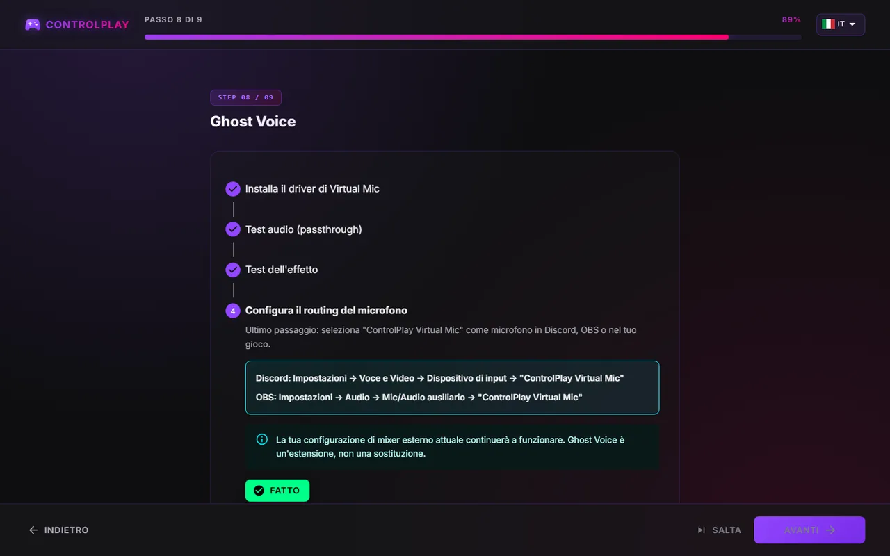 Passo Ghost Voice per configurare l'instradamento del microfono con le impostazioni per Discord e OBS