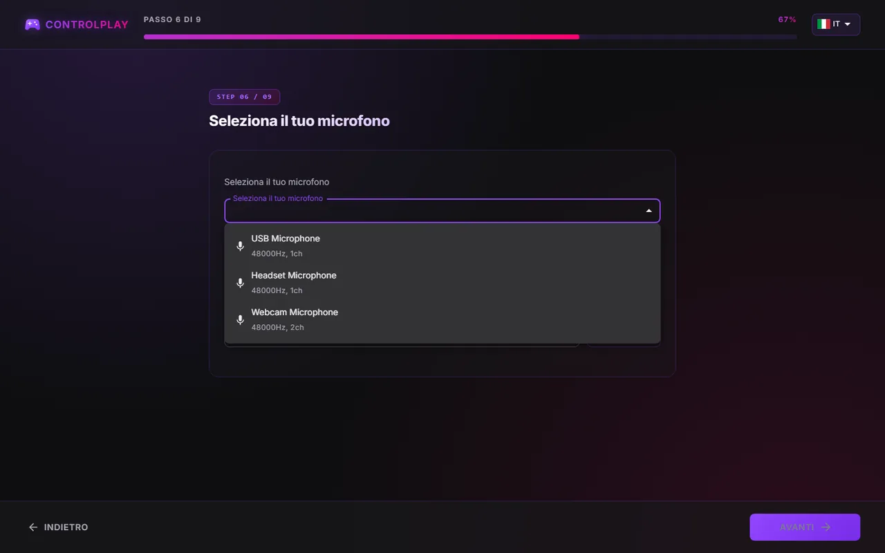 Pagina dell'assistente Seleziona il tuo microfono con l'elenco dei dispositivi aperto