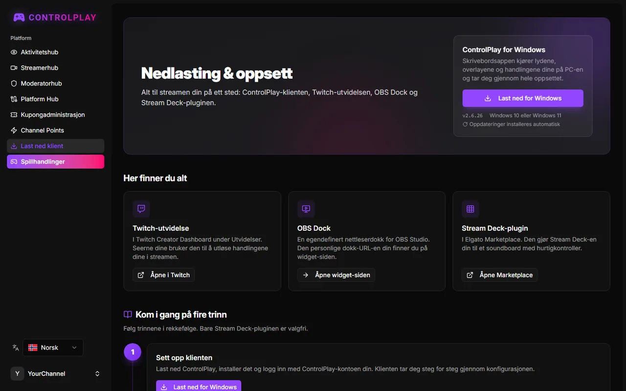 Siden Nedlasting & oppsett med kortet ControlPlay for Windows og fire oppsettsteg