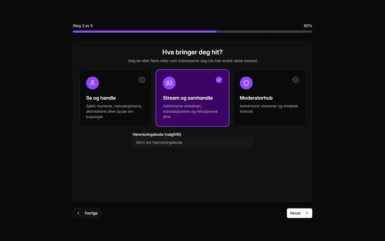 Onboarding-steget Hva bringer deg hit? med kortet Stream og samhandle valgt