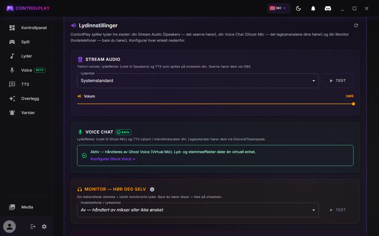 ControlPlay Innstillinger, fanen Audio: Stream Audio på Systemstandard, Voice Chat Aktiv, Monitor av