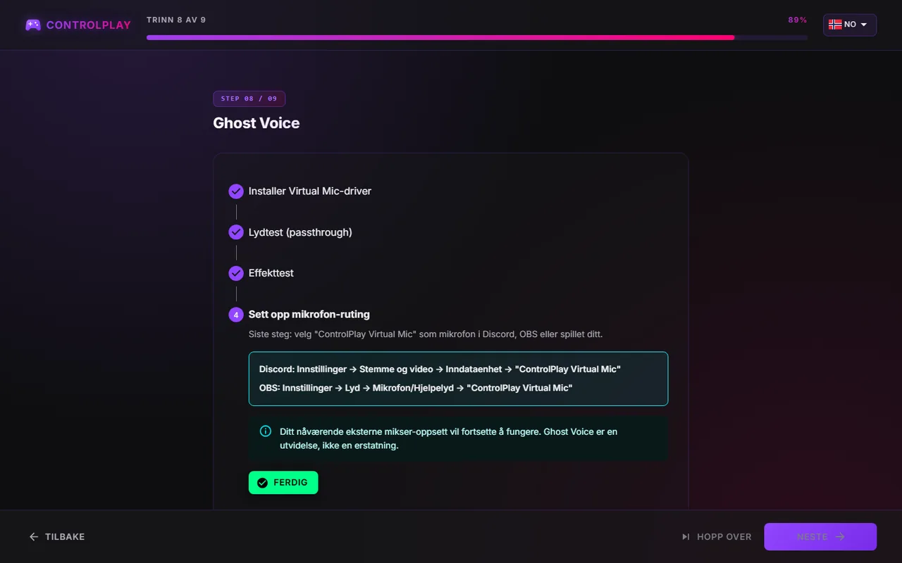 Ghost Voice-steget Sett opp mikrofon-ruting med innstillingene for Discord og OBS