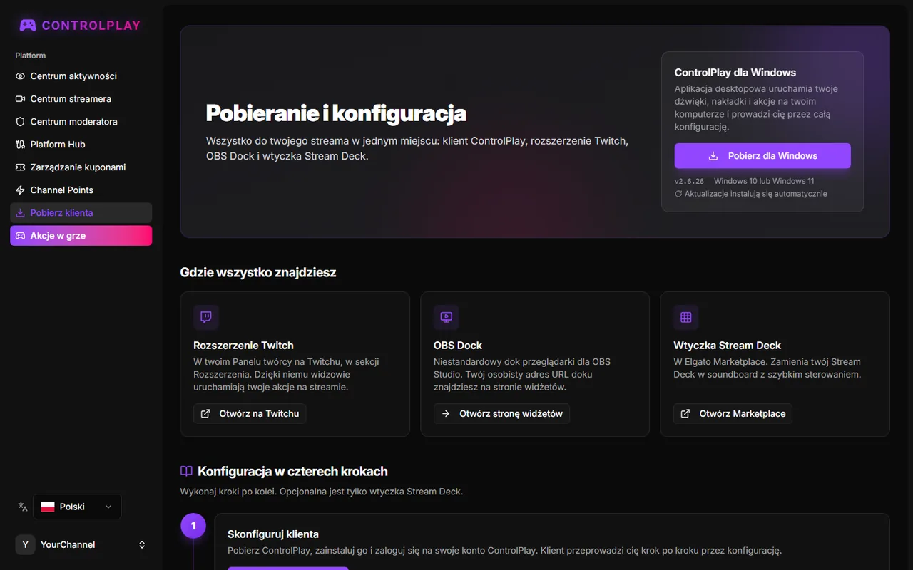 Strona Pobieranie i konfiguracja z kartą ControlPlay dla Windows i czterema krokami konfiguracji