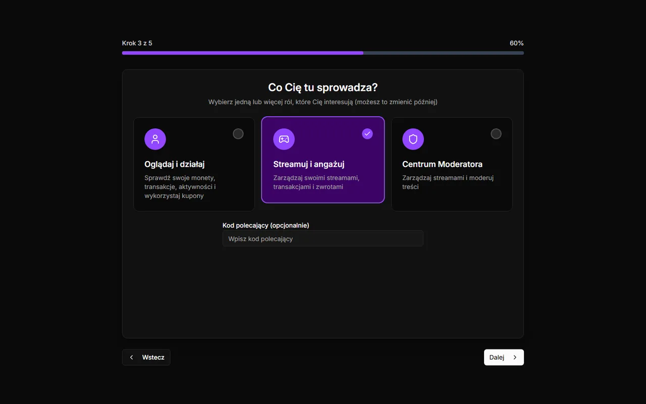 Krok wprowadzenia ControlPlay Co Cię tu sprowadza? z zaznaczoną kartą Streamuj i angażuj