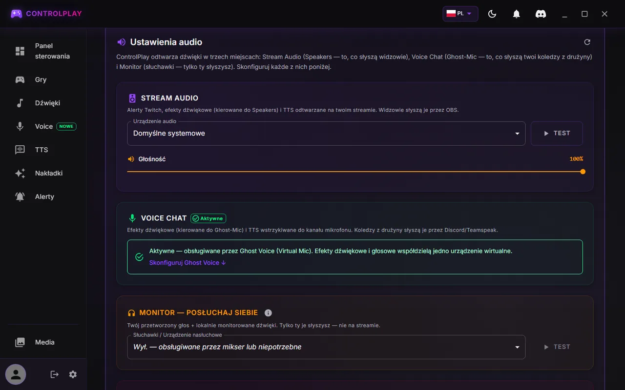 Ustawienia ControlPlay, zakładka Audio: Stream Audio na Domyślne systemowe, Voice Chat Aktywne, Monitor wyłączony