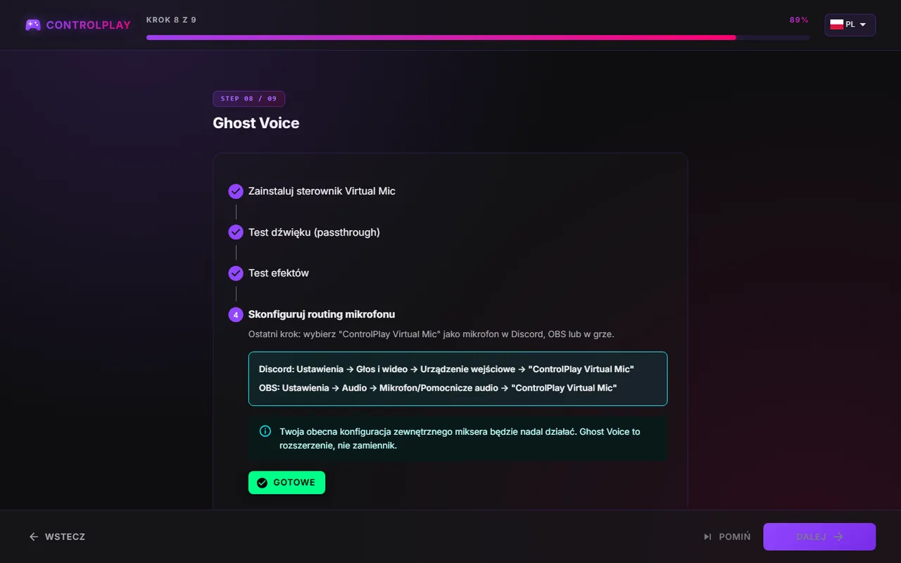 Krok Ghost Voice z konfiguracją mikrofonu i ustawieniami dla Discorda i OBS