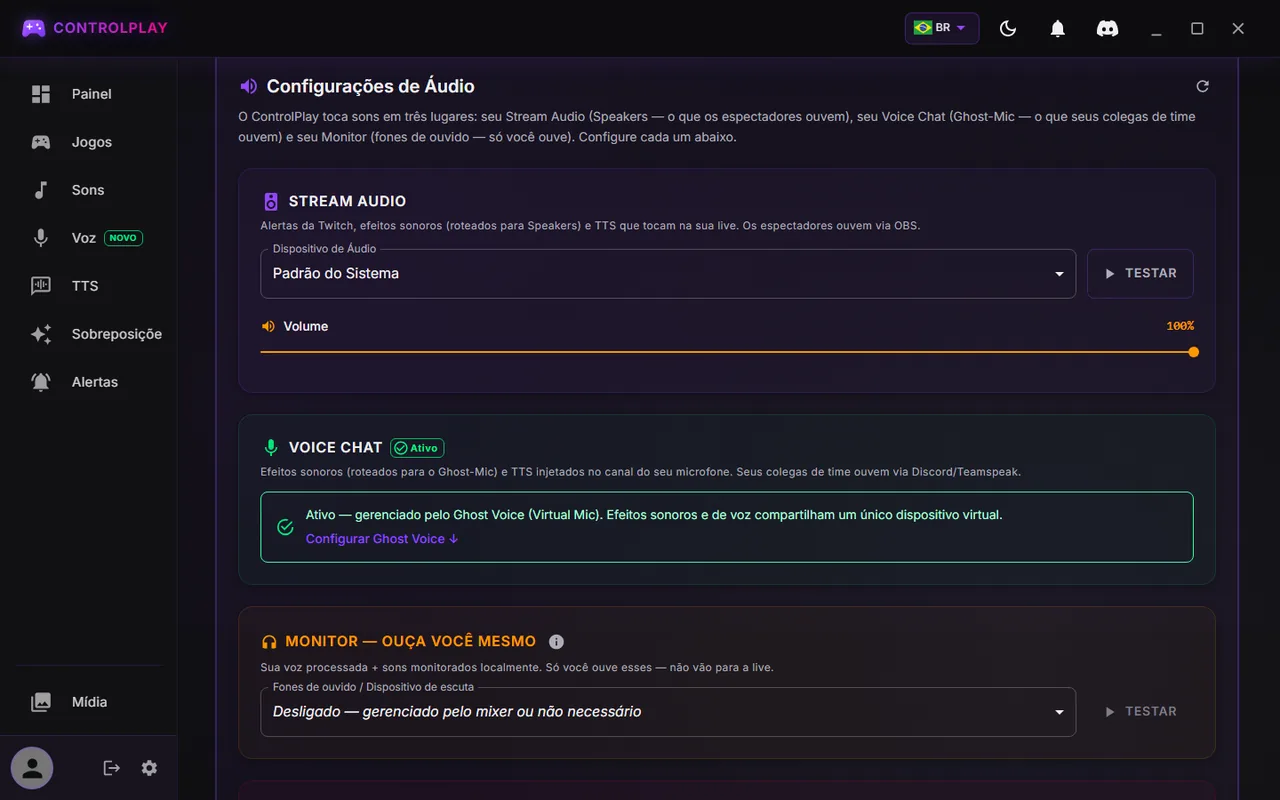 Configurações do ControlPlay, aba Áudio: Stream Audio em Padrão do Sistema, Voice Chat Ativo, Monitor desligado