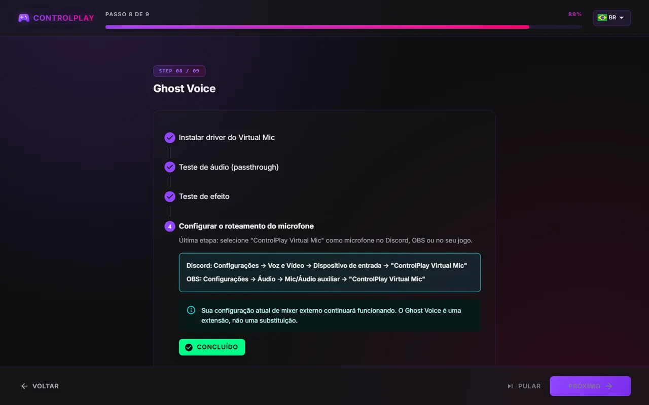Etapa do Ghost Voice para configurar o roteamento do microfone, com as configurações do Discord e do OBS