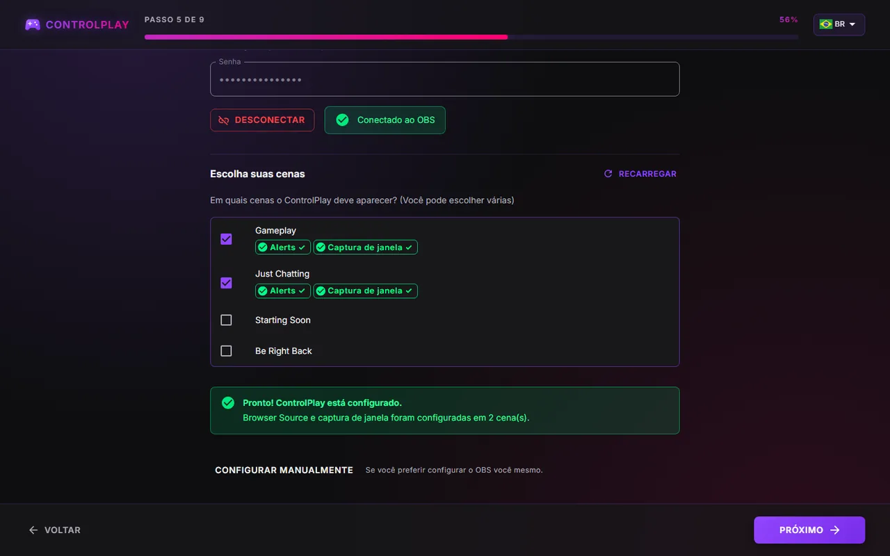 Página Configurar OBS automaticamente do assistente após conectar, com cenas marcadas e uma mensagem de sucesso