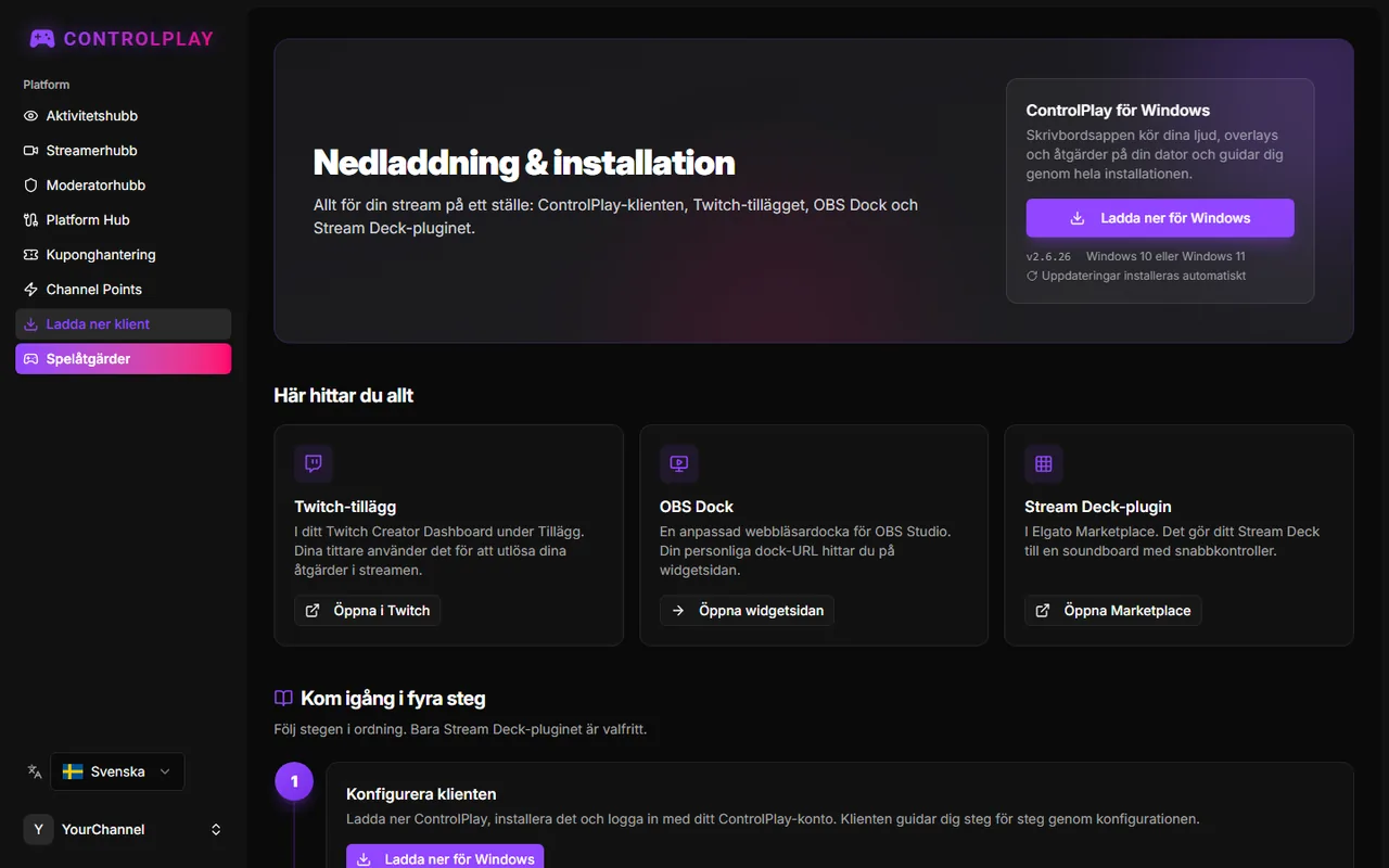 Sidan Nedladdning & installation med kortet ControlPlay för Windows och fyra installationssteg