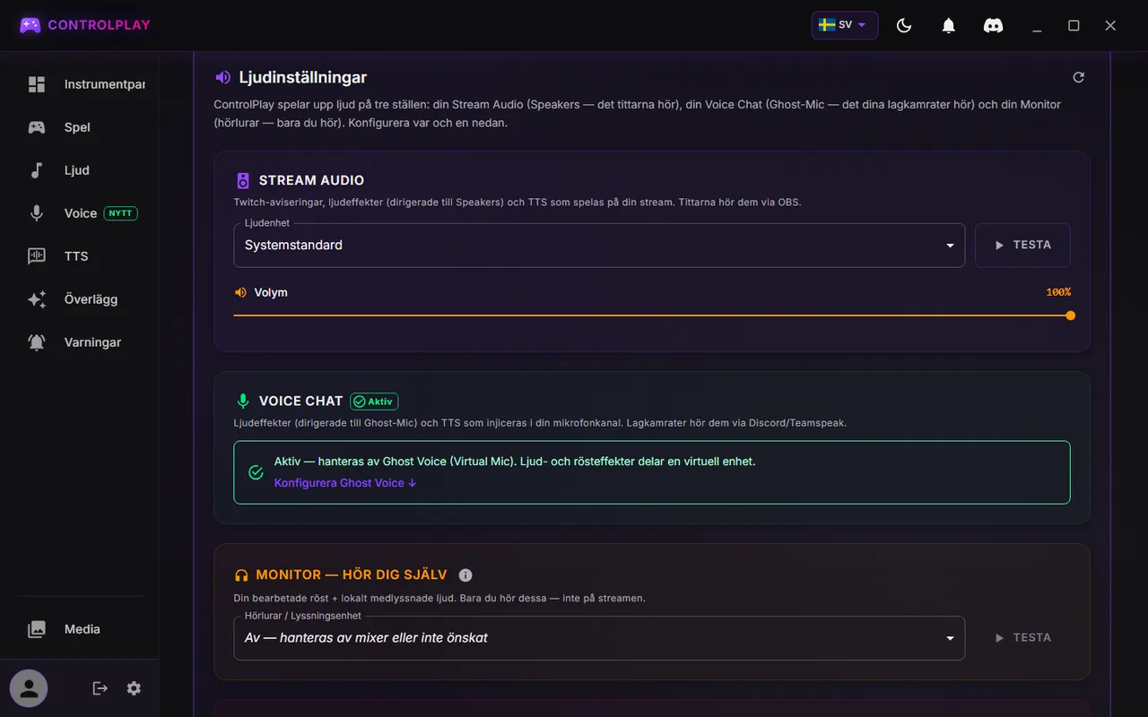 ControlPlay Inställningar, fliken Audio: Stream Audio på Systemstandard, Voice Chat Aktiv, Monitor av